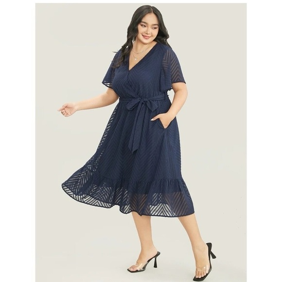 Bloomchic Plus Size Plain Geometric Pocket Mesh Ruffle Sleeve Belted Wrap Dress - Picture 3 of 7